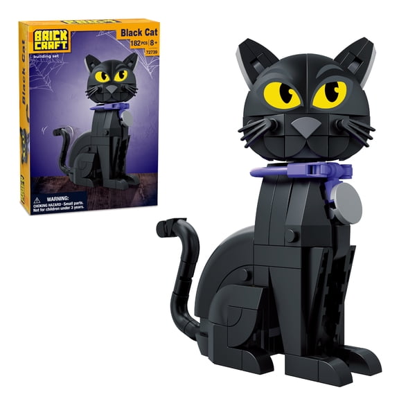 Brickcraft Halloween Black Cat Building Kit (182-Piece Set), Posable Tail Cat Figure with Collar and Bell, Halloween Cat Decoration, Gift for Cat Lovers Ages 8+