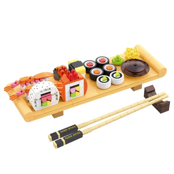Brickcraft Block & Roll Sushi Tray Building Kit (376-Piece Set), 12-Roll Display Model, Bamboo-Tone Tray with Chopsticks, Gift for Sushi Lovers Ages 8+ - 72909