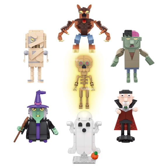Brickcraft Halloween Mystery Monster Building Kit (Blind Box), 7 Collectible Monster Figures to Collect, Mummy Werewolf Vampire and More, Gift Ages 8+ - 72748