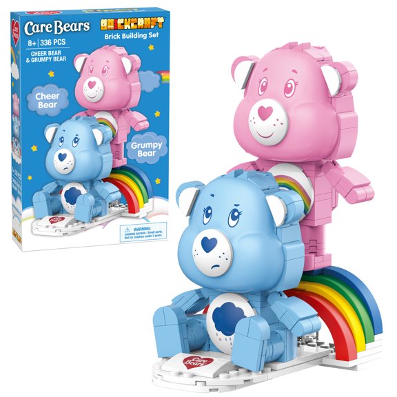 Brickcraft Care Bears Cheer Bear & Grumpy Bear Brick Building Kit (336 Plastic Pieces), Two Cute Teddy Bears on Rainbow & Cloud Stand, Fun Gift for Adults and Kids, Home Decor Piece