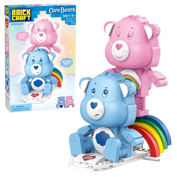 Brickcraft Care Bears Cheer Bear & Grumpy Bear Brick Building Kit (336 Pieces), Two Cute Teddy Bears on Rainbow & Cloud Stand, Fun For Adults and Kids, Home Decor Piece, Gift for Special Someone