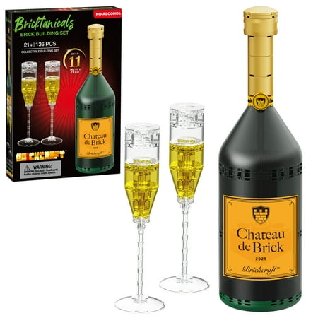 Brickcraft Chateau De Brick Bottle Brick Building Kit (136-Plastic Piece Set), Sparkling White, 2 Toasting Brick Flutes, Romantic Gift for Couples, New Years Gift for His or Hers