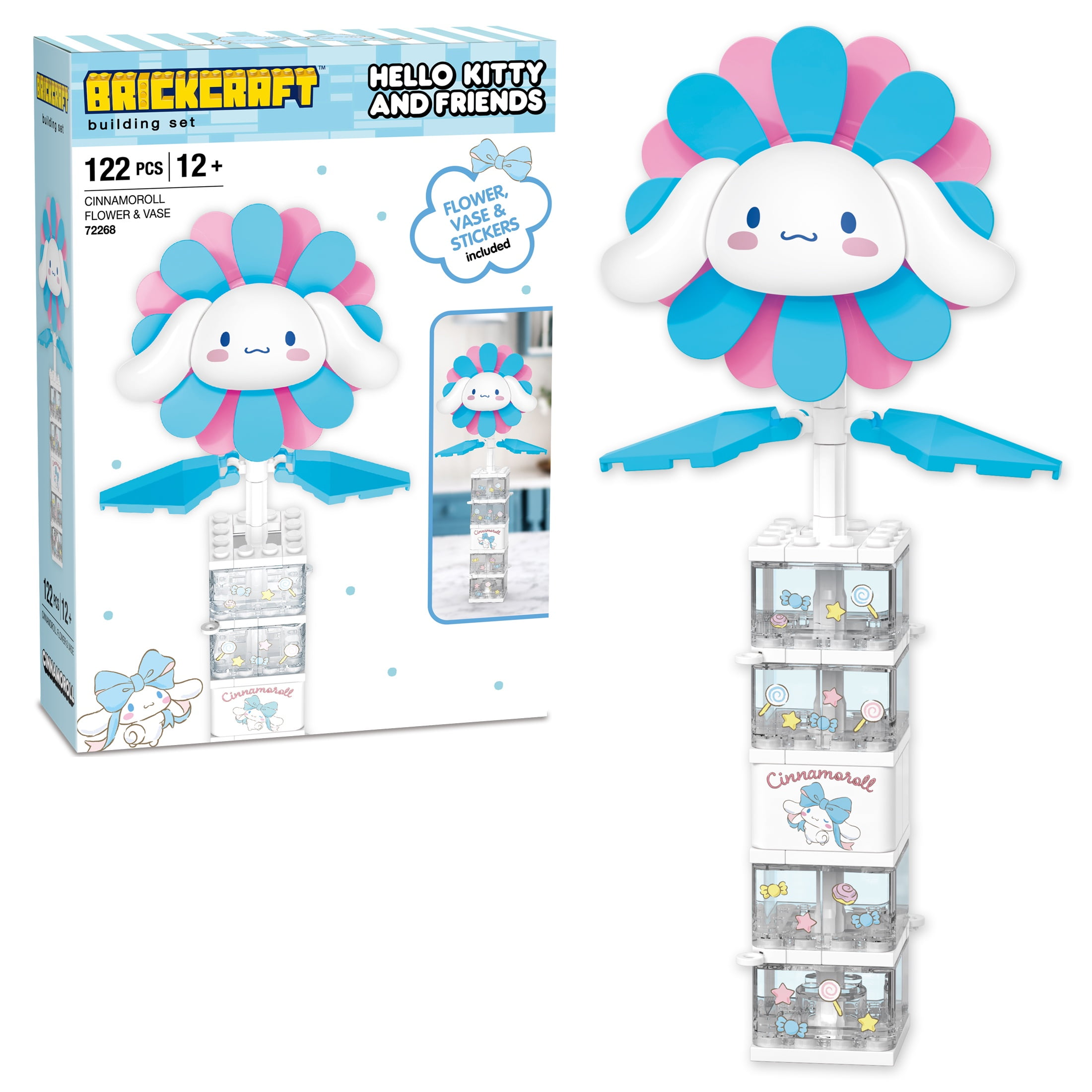 Brickcraft Cinnamoroll Flower \u0026 Vase Building Kit (122 Plastic Pieces), Sanrio Hello Kitty Collection, Floral Decoration \u0026 Modular Vase Bouquet, Cute Home Dcor