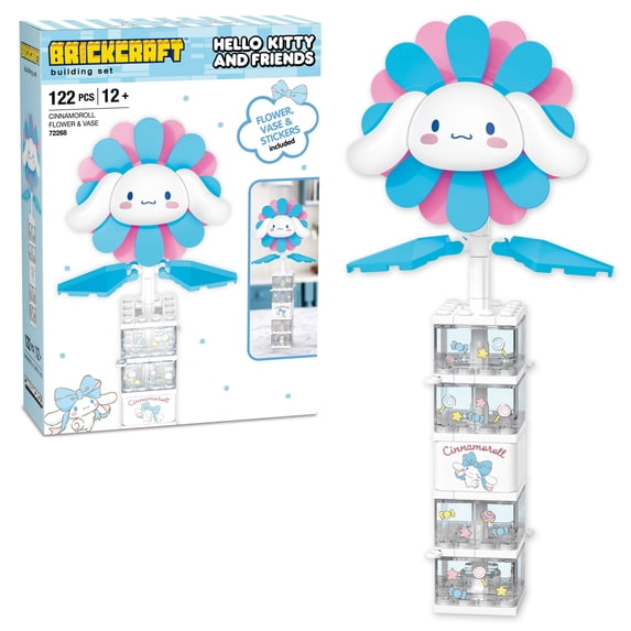 Brickcraft Cinnamoroll Flower & Vase (122 plastic pcs) – Sanrio Building Kit, Floral Décor & Modular Bouquet for Cute Home Display for Him or Her