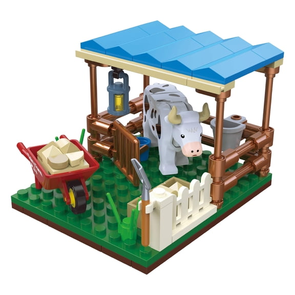 Brickcraft Farm Series Cow Shed Building Kit (106-Piece Set), Snap-Together Farm Animal Collectible, Molded Cow Figure with Wheelbarrow, Gift for Animal Lovers, Ages 8+ - 72655