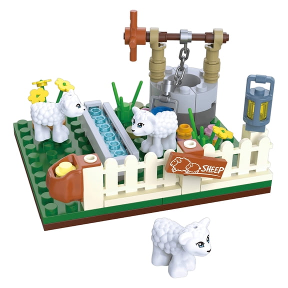 Brickcraft Farm Series Lamb Pen Building Kit (87-Piece Set), Snap-Together Farm Animal Collectible, Molded Lamb Figures with a Well, Gift for Animal Lovers, Ages 8+ - 72659
