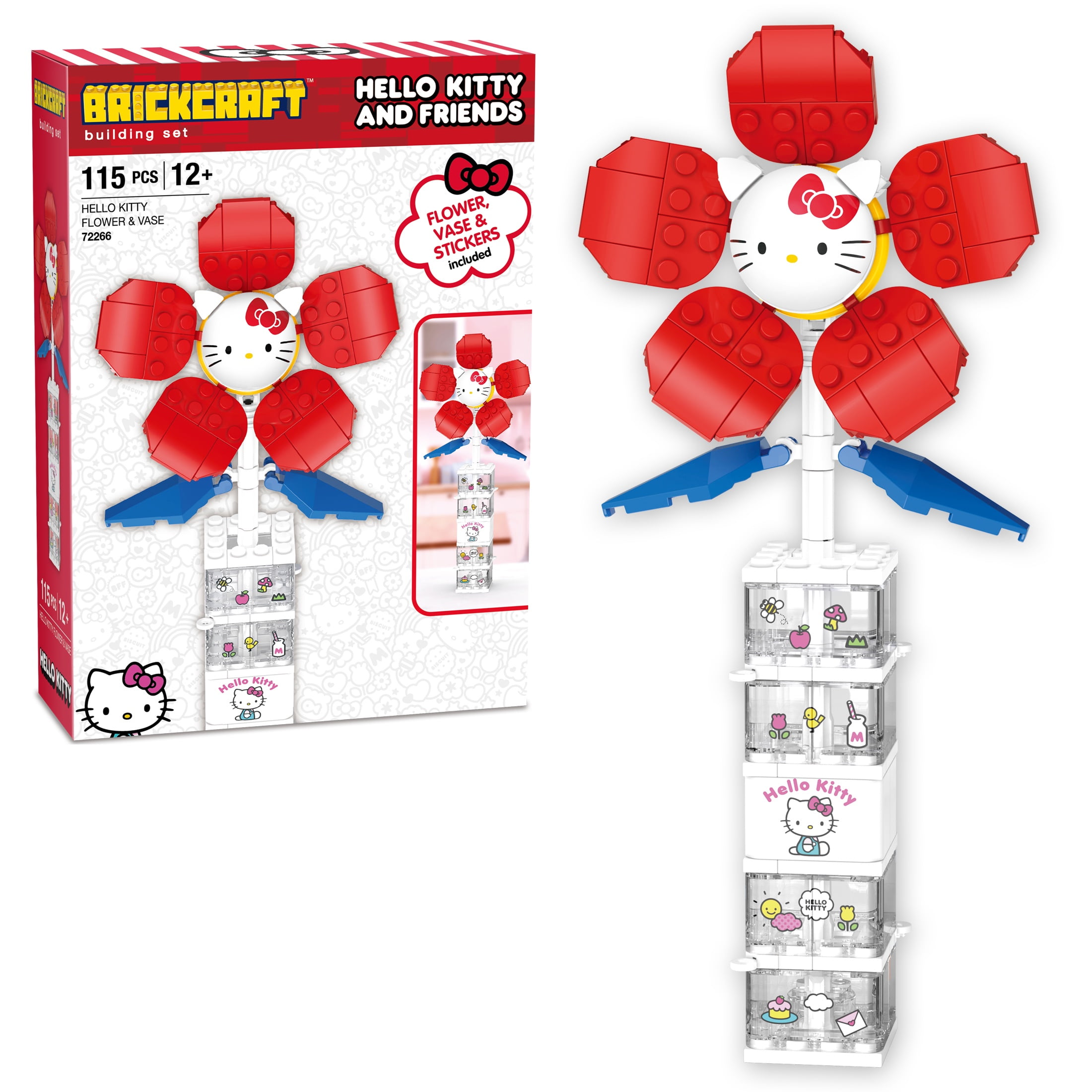 Brickcraft Hello Kitty Flower & Vase Building Kit (115 Plastic Pieces), Sanrio Hello Kitty Collection, Floral Decoration & Modular Vase Bouquet, Cute Home Dcor