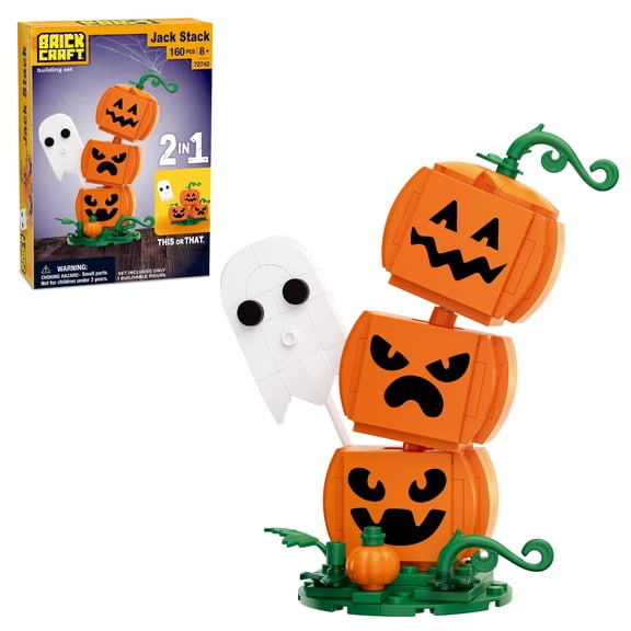 Brickcraft Halloween Jack Stack Building Kit (160-Piece Set), 2-in-1 Jack-o'-Lantern Tower, Printed-Face Pumpkin Decor Collectible, Gift for Halloween Fans Ages 8+