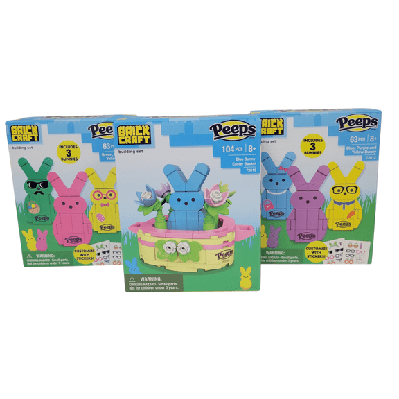 Brickcraft Peeps Bunny Building Sets  72612 (63pc Blue/Purple/Yellow), 72611 (63pc Green/Pink/Yellow), 72613 (104pc Blue Easter Basket)  Pack of 3
