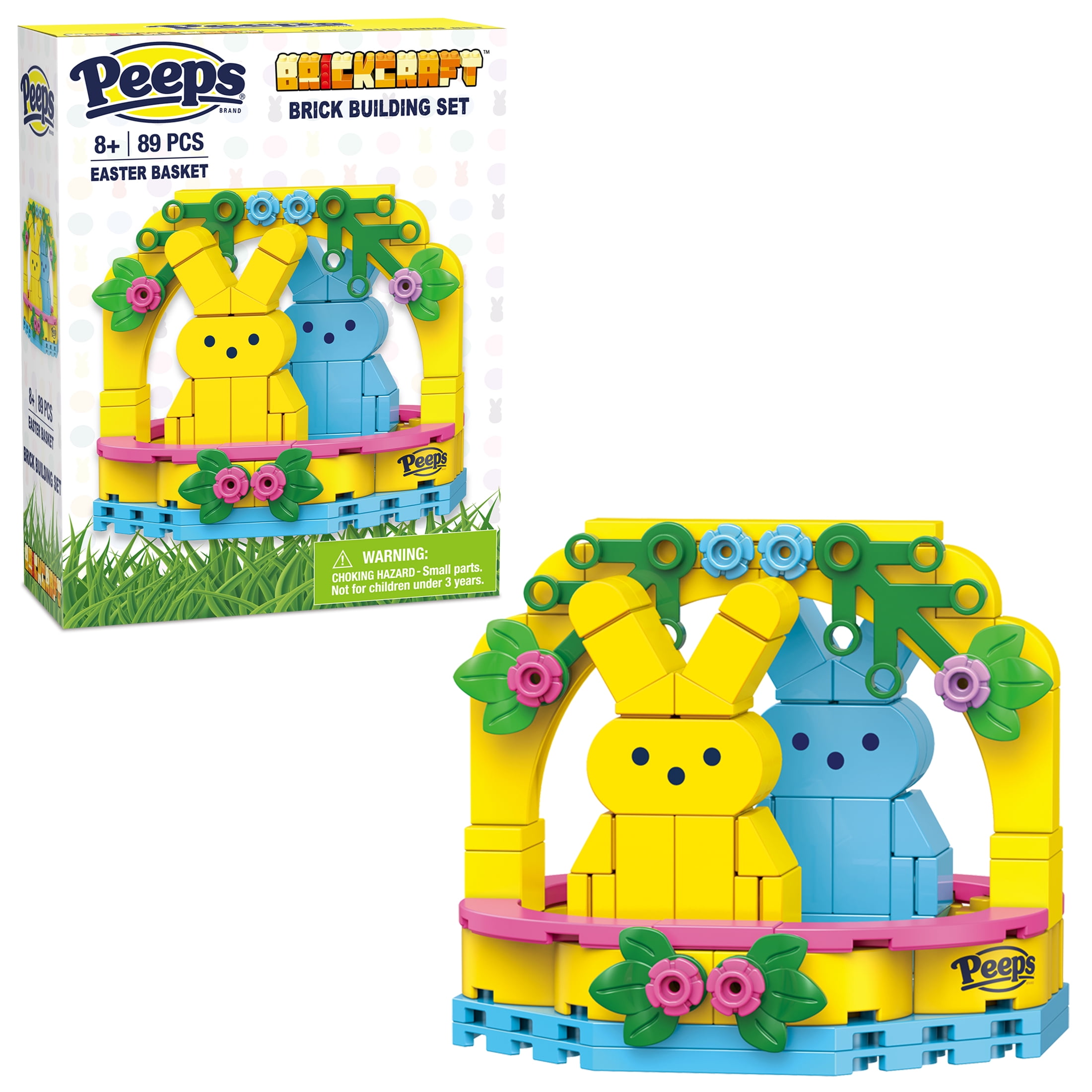 Brickcraft Peeps Easter Basket Blue & Yellow Brick Building Kit (89-Plastic Piece Set), Includes Two Cute Bunnies and Handle, Decoration for Easter Celebration, Gift for Kids, Brick Lovers.