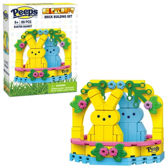 Brickcraft Peeps Easter Basket Blue & Yellow Brick Building Kit (89-Plastic Piece Set), Includes Two Cute Bunnies and Handle, Decoration for Easter Celebration, Gift for Kids, Brick Lovers.