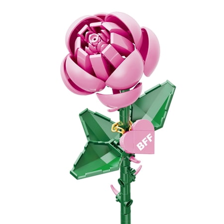 Brickcraft Pink Long Stem Rose Brick Building Kit (102-Plastic Piece Set), Valentine's Gift for His & Hers, Customizable Heart Pendant with Chain, Artificial Flower Craft