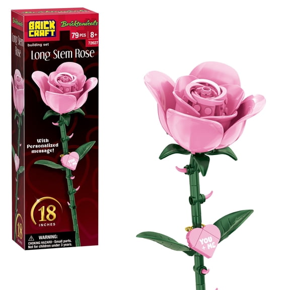 Brickcraft Bricktanicals Long Stem Rose Building Kit (79-Piece Set), Pink Rose Flower, Valentine's Day Gift, Brick Flower, Floral Decor, Building Set