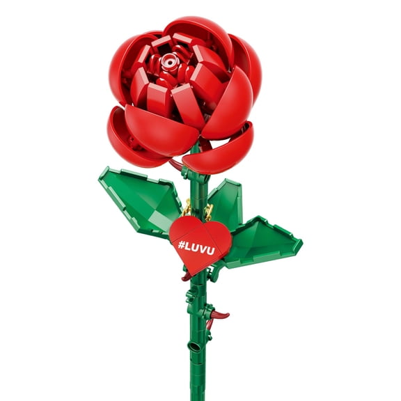 Brickcraft Red Long Stem Rose Brick Building Kit (102-Piece Set), Seasonal Gift For His & Hers, Customizable Heart Pendant With Chain, Romantic Gift For Couples, Artificial Flower Craft