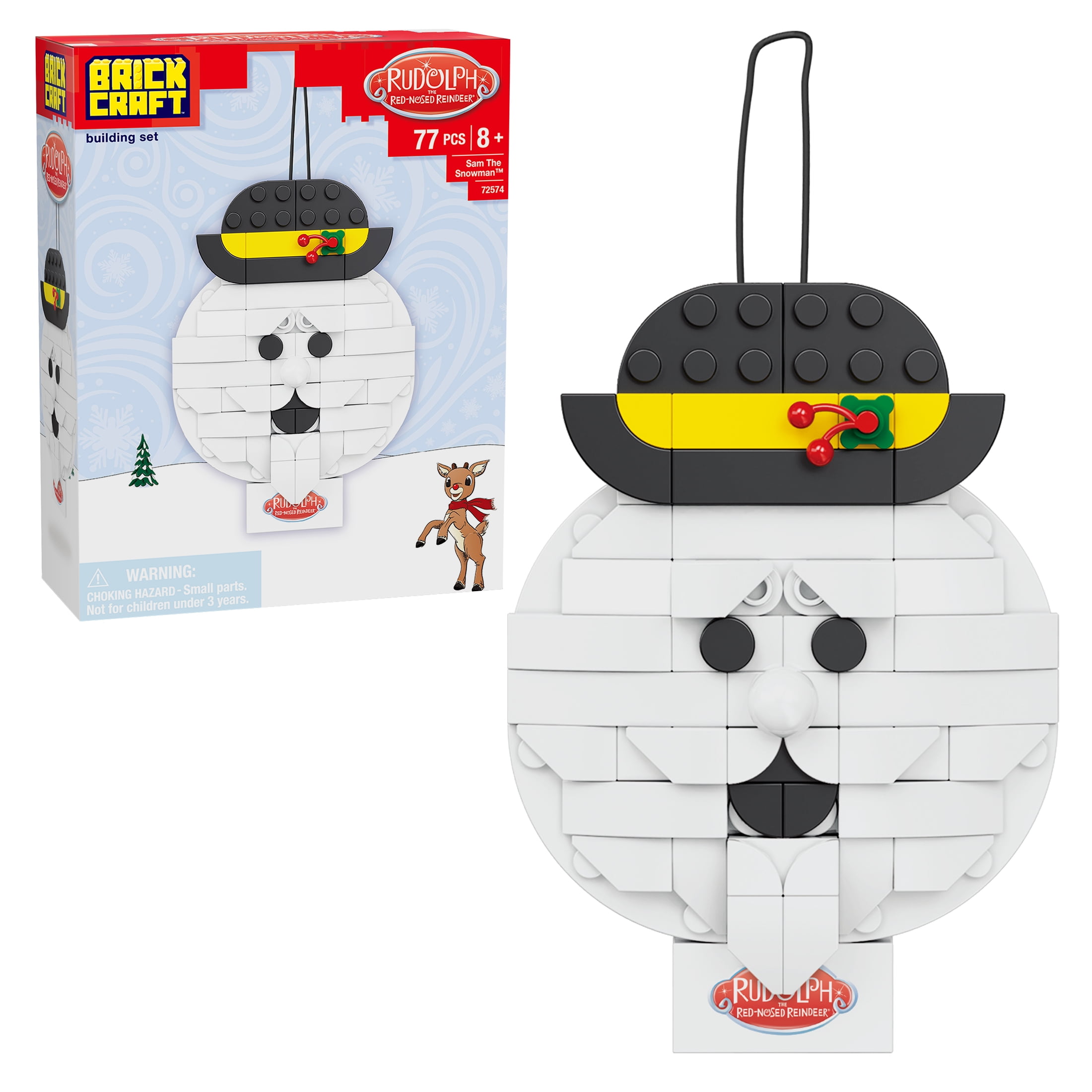 Brickcraft Rudolph Sam the Snowman Ornament Brick Building Kit (77-Plastic Piece Set), Hanging Christmas Dcor, Holiday Gift Idea for Children, Adults, Friends and Family