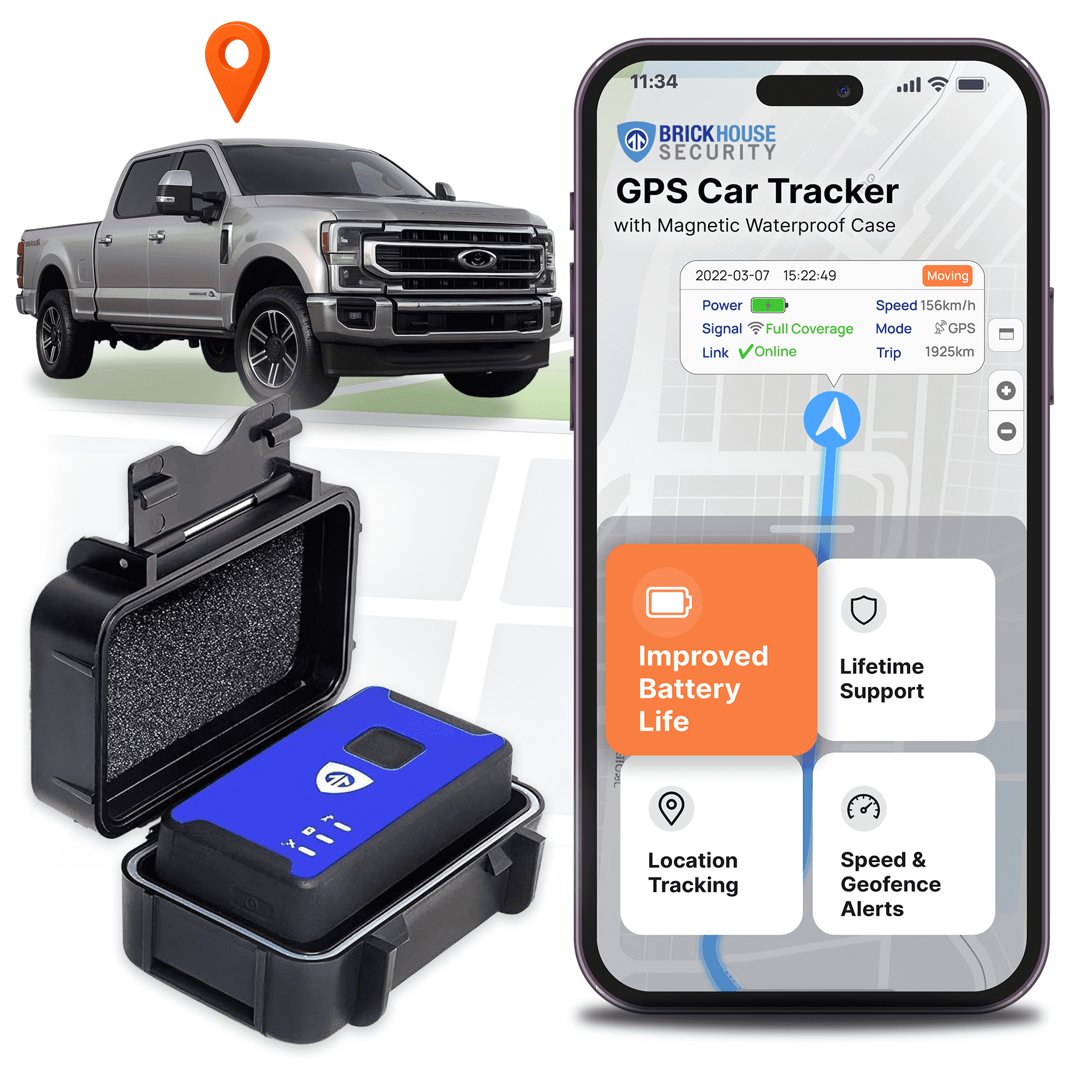 Brickhouse Car Trackers for Your Vehicle - Spark Nano 7 GPS Tracker with Magnetic Waterproof Case - Hidden Real-Time 4G LTE Vehicle Finder - GPS Tracking Device for Cars - Subscription Required