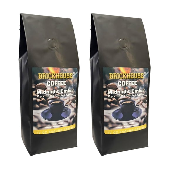 Brickhouse Coffee Midnight Ember Dark Roast, 100% Arabica Ground Coffee, Bold & Smoky Flavor, 2 x 12oz Bags