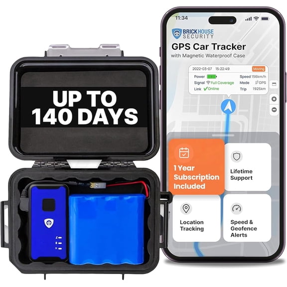 Brickhouse Security GPS Car Tracker - Hidden Tracker for Vehicles - Long Lasting Battery 140-Day LTE GPS Tracking Device for Vehicles with Magnetic Case & Extended Batter-1 Year Subscription Included