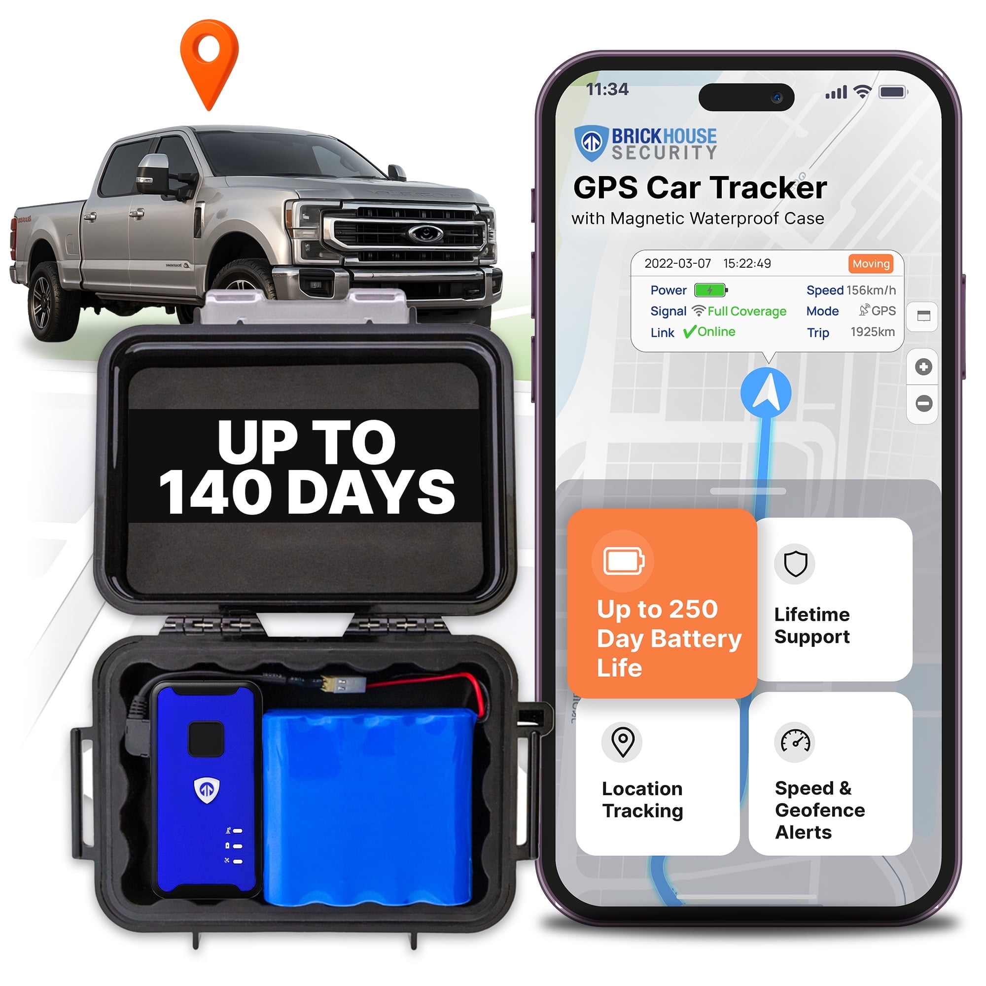 Brickhouse Security GPS Car Tracker - Hidden Tracker for Vehicles - Long Lasting Battery 140-Day LTE GPS Tracking Device for Vehicles with Magnetic Case & Extended Battery - Subscription Required