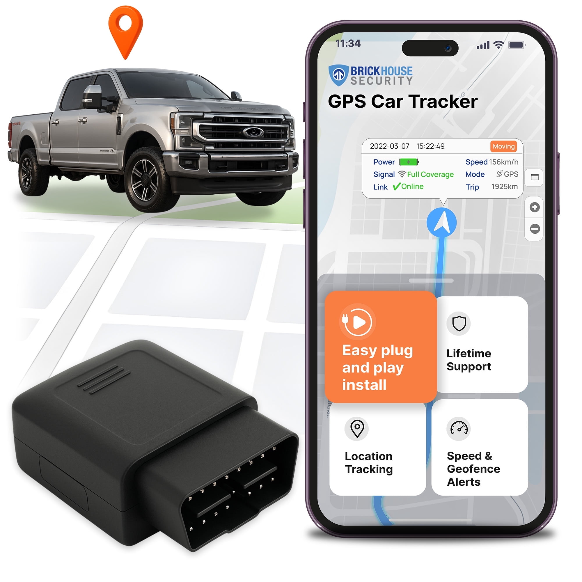 Brickhouse Security GPS Tracker for Vehicles- TrackPort OBD II Tracking Device- Tracker for Car Location and Speed- Mini OBD GPS Tracker for Vehicles- GPS Trackers- Subscription Required