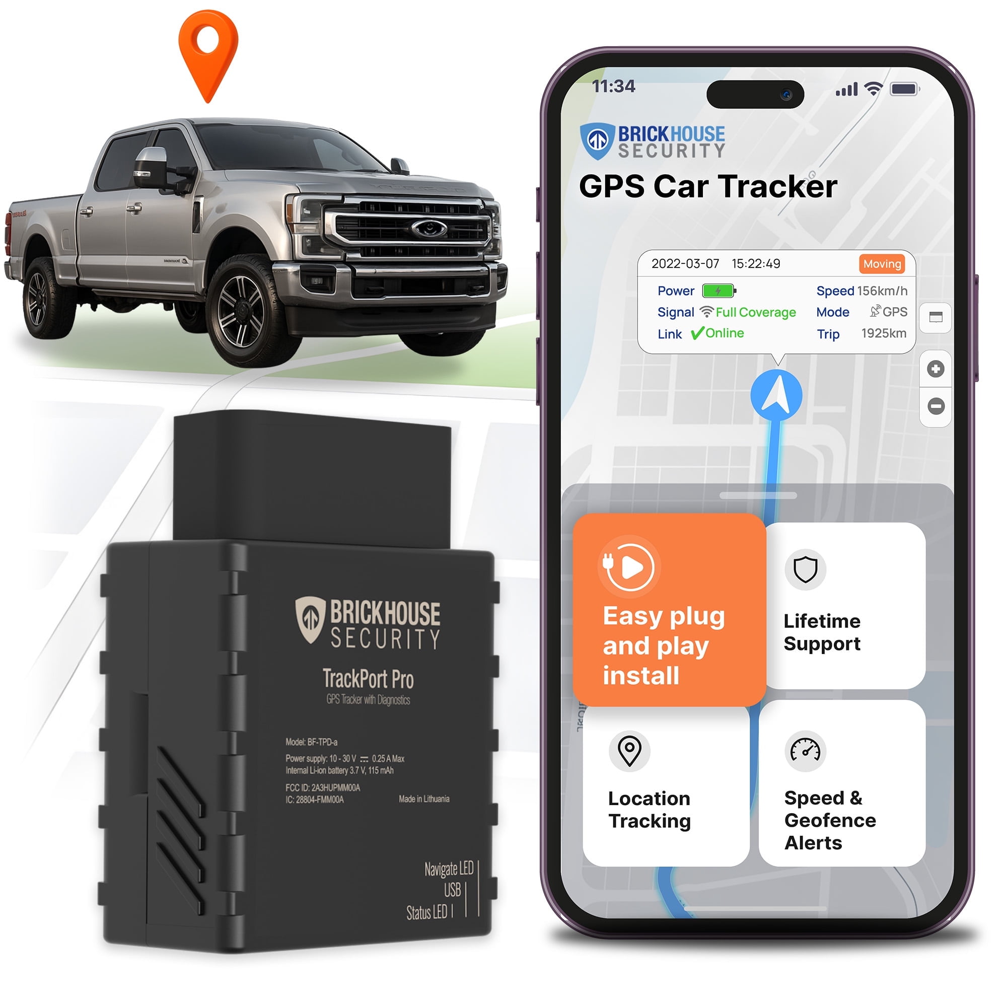 Brickhouse Security TrackPort Pro - Diagnostic GPS Tracker for Vehicles, Car Location, Speed, Battery Health, Mileage, Vehicle Diagnostic Data Report - Plugs into OBD Port - Subscription Required