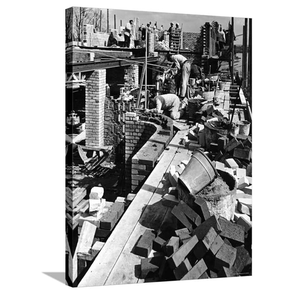 Art.com Bricklayers Constructing a Building Stretched Canvas Print Wall Art, 24" x 32"