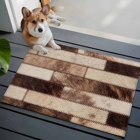 Bricks Patchwork 2x3 Area Rugs for Living Room, Western Ethnic Abstract Brown Beige Tan Fur Style Non Slip Floor Mat Washable Low-Profile Indoor Carpet for Bedroom, Dining Room, Bathroom
