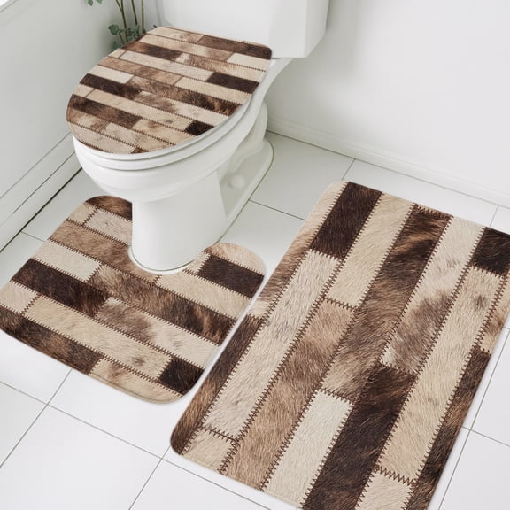 Bricks Patchwork Bathroom Rugs Set Western Ethnic Abstract Brown Beige Tan Fur Style Non Slip Absorbent Soft Bath Mats 3 Piece Set with Bathroom Rug, U-Shaped Floor Mat, Toilet Seat Cover Small Size
