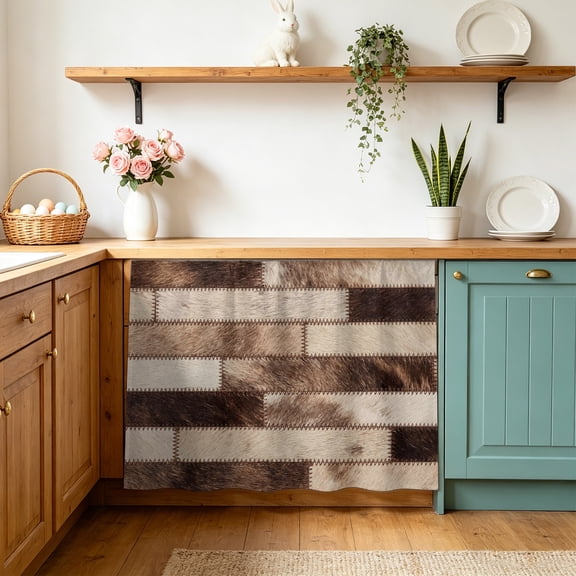 Bricks Patchwork Cabinet Curtains 10" W x 11" L Western Ethnic Abstract Brown Beige Tan Fur Style Waterproof Adhesive Kitchen Under Sink Curtain Dust-Proof Dishwasher Skirt for Closet