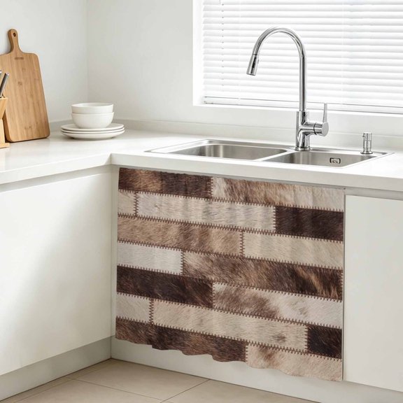 Bricks Patchwork Cabinet Curtains for Kitchen 10"W x 11"L, Western Ethnic Abstract Brown Beige Tan Fur Style Under Sink Skirt Magic Tape Short Curtain Decorative Privacy Panel for Bathroom Laundry