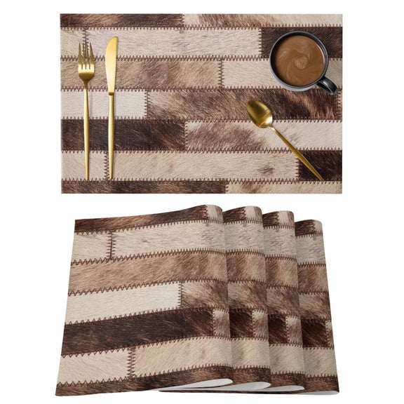 Bricks Patchwork Cotton Linen Placemats Set of 12, Western Ethnic Abstract Brown Beige Tan Fur Style Washable Table Place Mats Heat Insulating Placemat for Dining Room Kitchen Daily Use 13 x 19 Inch