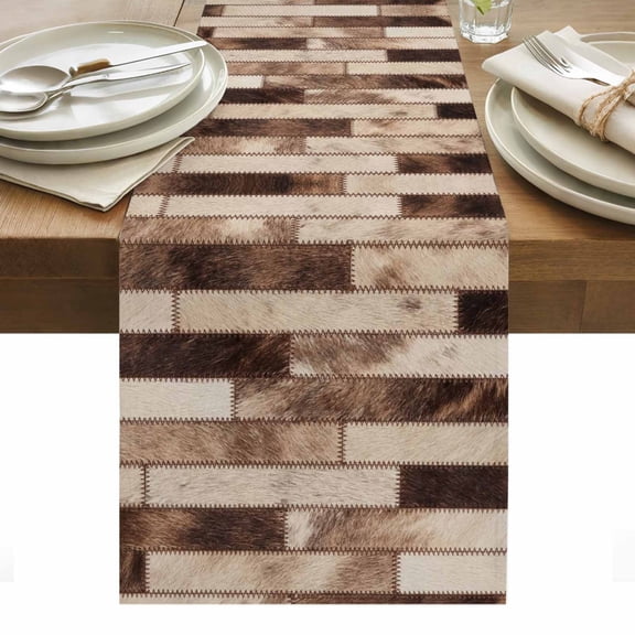 Bricks Patchwork Cotton Linen Table Runner Western Ethnic Abstract Brown Beige Tan Fur Style Dining Table Runners for Home Decor Party Dining Room Restaurant Kitchen Party 13" x 120"