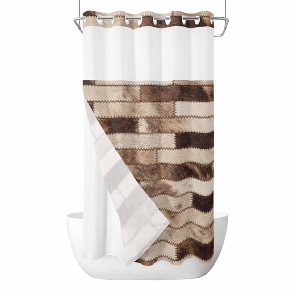 Bricks Patchwork No Hook Shower Curtain and Snap in Liner Set, Western Ethnic Abstract Brown Beige Tan Fur Style Waterproof Shower Curtain Liner Set with Mesh Top Window for Bathroom 36x72in