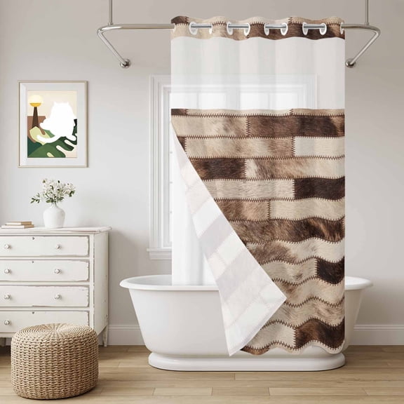 Bricks Patchwork No Hook Shower Curtain with Snap in Liner, Western Ethnic Abstract Brown Beige Tan Fur Style Waterproof Shower Curtains with See Through Top Window Liner for Bathroom, 36x78 Inches