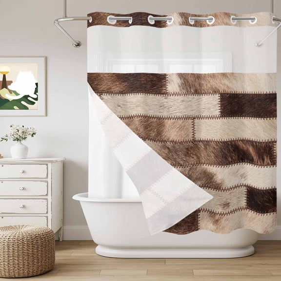Bricks Patchwork No Hook Shower Curtain with Snap in Liner, Western Ethnic Abstract Brown Beige Tan Fur Style Waterproof Shower Curtains with See Through Top Window Liner for Bathroom, 72x78 Inches