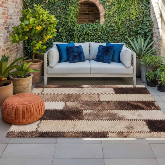 Bricks Patchwork Indoor Outdoor Rugs 5x8 Ft, Western Ethnic Abstract Brown Beige Tan Fur Style Outdoor Patio Rugs Mat Washable Outside Area Rugs Carpet for Porch Deck RV Camping Pool Balcony Backyard