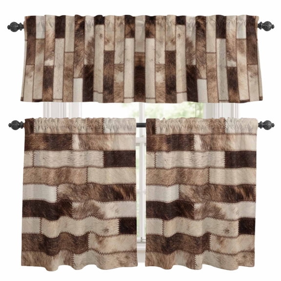 Bricks Patchwork Kitchen Curtains Valance and Tier Set Western Ethnic Abstract Brown Beige Tan Fur Style Rod Pocket Short Curtains for Small Window 3 Pieces Set for Bedroom Cafe (54" x 18"+27" x 24")