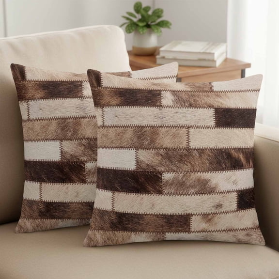 Bricks Patchwork Pillow Covers Set of 2, Western Ethnic Abstract Brown Beige Tan Fur Style 16x16 Inch Decorative Throw Pillow Covers Soft Pillowcases with Zipper for Couch Sofa Bed Chair