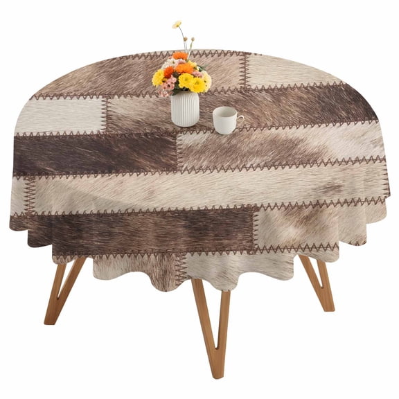 Bricks Patchwork Round Tablecloth 54 inches Western Ethnic Abstract Brown Beige Tan Fur Style Waterproof Oil-Proof Table Cloth Round Table Cover for Holiday Party Picnic Dinner Decor Indoor Outdoor