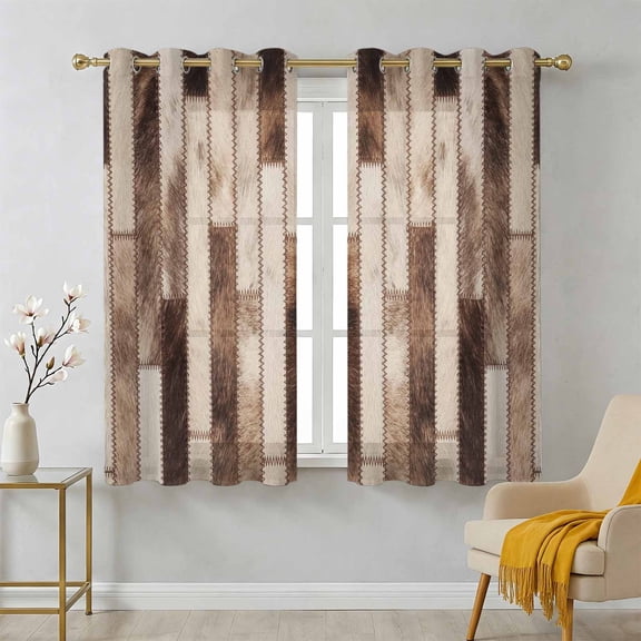 Bricks Patchwork Sheer Curtains 39 Inch Long 2 Panels, Western Ethnic Abstract Brown Beige Tan Fur Style Light Filtering Semi Sheer Drapes Grommet Voile Window Curtain for Living Bedroom W27.9 x L39