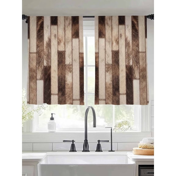 Bricks Patchwork Sheer Curtains 54 inches Long, Western Ethnic Abstract Brown Beige Tan Fur Style Light Filtering Sheer Window Curtains Rod Pocket Voile Drapes for Bedroom Living Room, 2 Panels