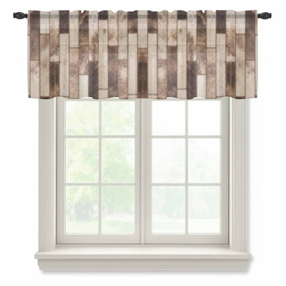 Bricks Patchwork Sheer Valances for Windows, Western Ethnic Abstract Brown Beige Tan Fur Style Semi Sheer Kitchen Valance Rod Pocket Small Voile Window Curtains for Living Room Bedroom 42 x 18 Inch