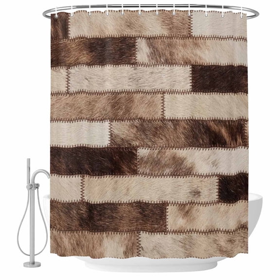 Bricks Patchwork Shower Curtain for Bathroom, Western Ethnic Abstract Brown Beige Tan Fur Style Waterproof Cloth Fabric Bathroom Accessories Set with 12 Rust Proof Plastic Hooks, 72"x96"