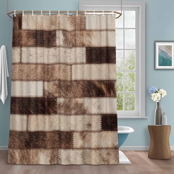 Bricks Patchwork Shower Curtain with Hooks, Western Ethnic Abstract Brown Beige Tan Fur Style Water Repellent Shower Curtains for Bathroom Decor Sturdy Shower Curtain, Machine Washable 72x96 Inch