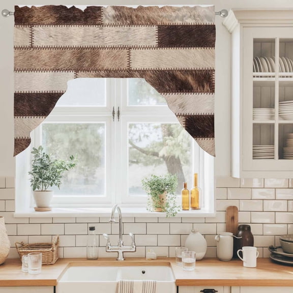 Bricks Patchwork Swag Curtain Valance for Windows, Western Ethnic Abstract Brown Beige Tan Fur Style Swag Curtains Drapes Rod Pocket for Kitchen Bathroom Small Window, 1 Panel 56x36in