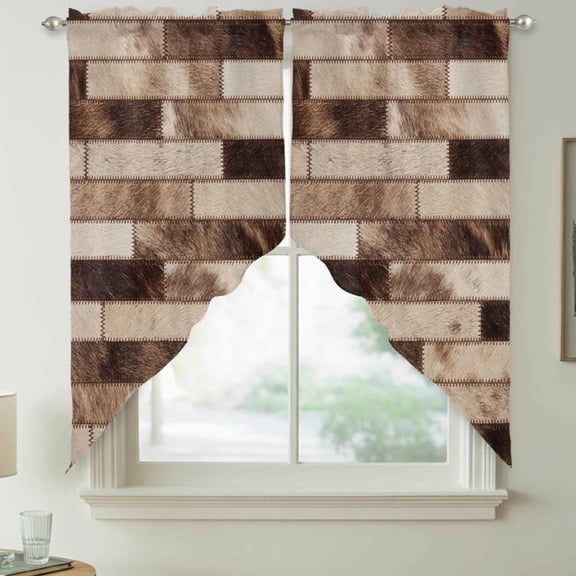 Bricks Patchwork Swag Kitchen Curtain Valances, Western Ethnic Abstract Brown Beige Tan Fur Style Rod Pocket Curtains Window Treatment Decor Valances for Bedroom Bathroom, 2 Panels 36 x 36 Inch