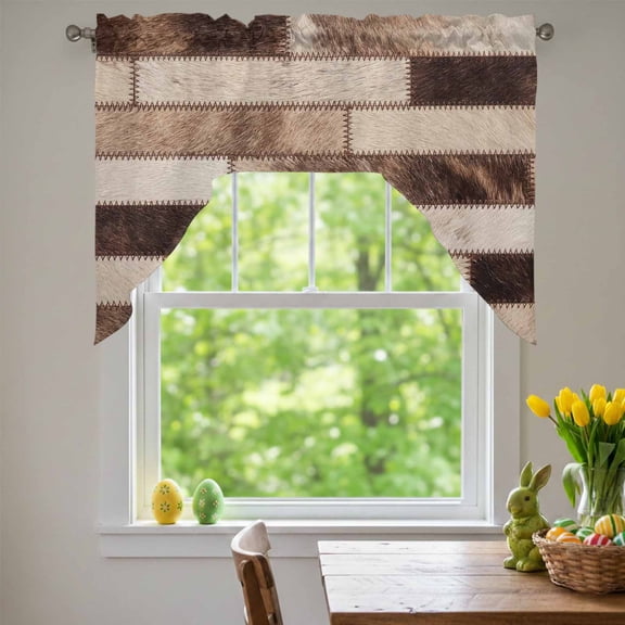 Bricks Patchwork Swag Valances for Kitchen Window, Western Ethnic Abstract Brown Beige Tan Fur Style Small Swag Valances Rod Pocket Curtain Drapes Window Treatment for Bedroom Bathroom, 56x36 Inch