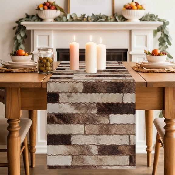 Bricks Patchwork Table Runner, Western Ethnic Abstract Brown Beige Tan Fur Style Washable Cotton-linen Table Runners Dining Kitchen Decoration for Everyday Home Wedding Party Decor, 18 x72 Inch