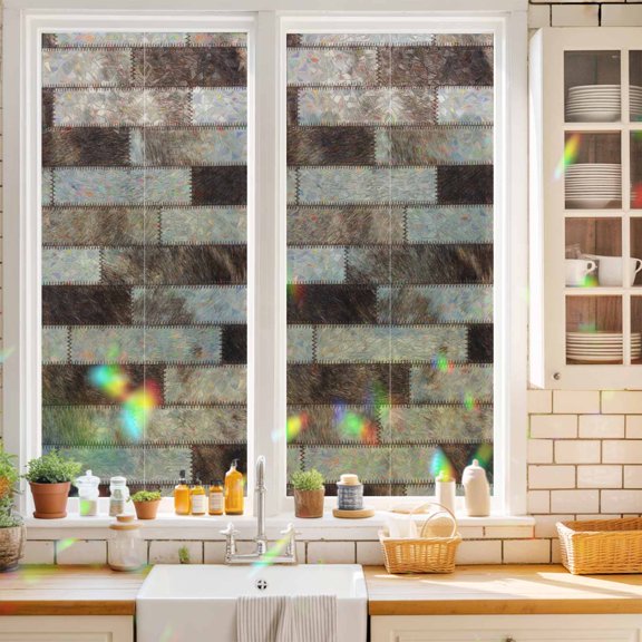 Bricks Patchwork Window Privacy Film Western Ethnic Abstract Brown Beige Tan Fur Style Static Cling Stained Glass Window Film Non-Adhesive Decorative Decals Rainbow Sticker 17.7"X39.3"