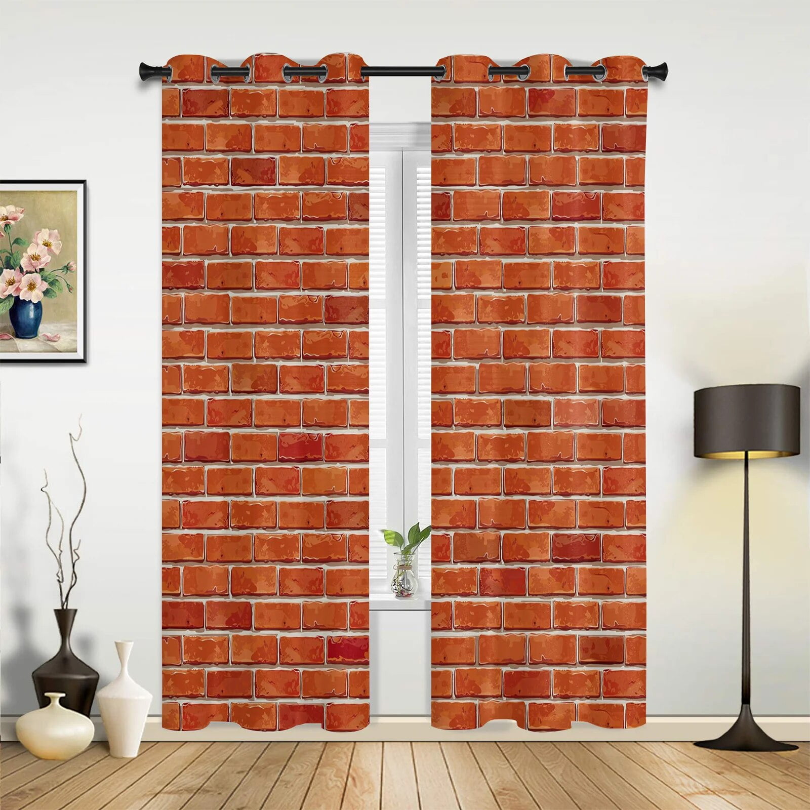 Bricks Retro Gap Stripes Window Curtains In The Living Room Printed